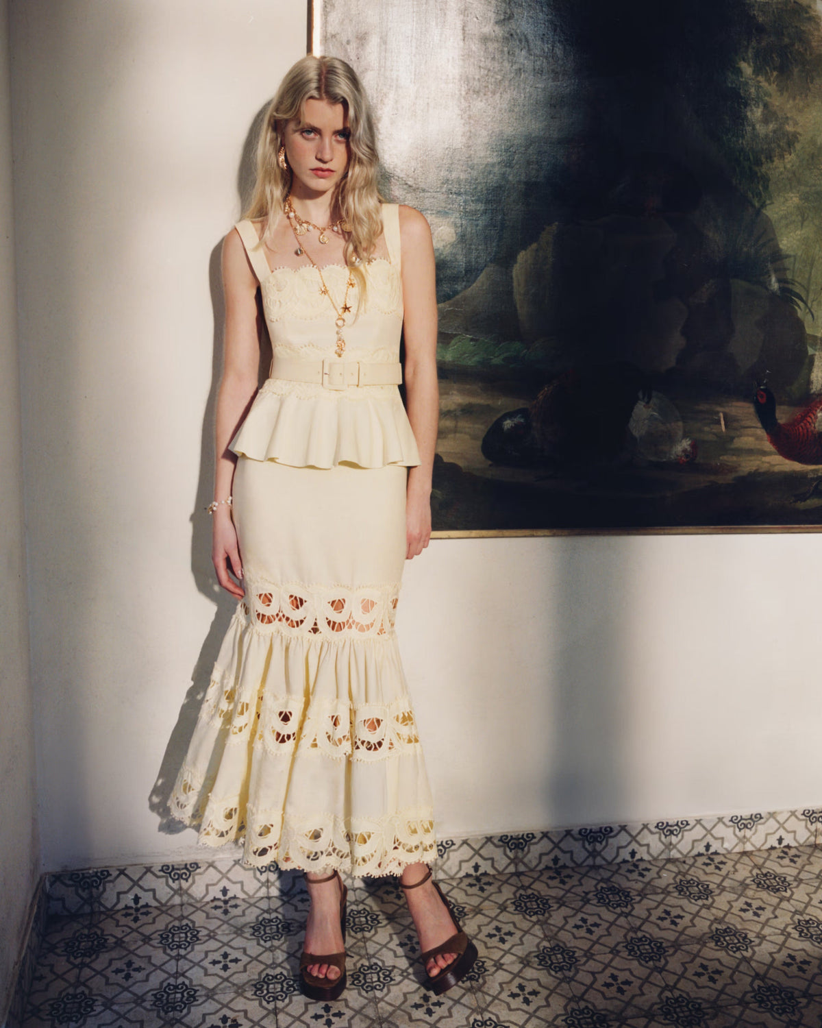 Sarı Keten Peplum Midi Elbise