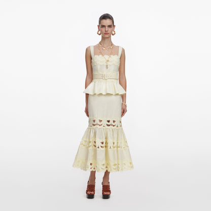 Sarı Keten Peplum Midi Elbise