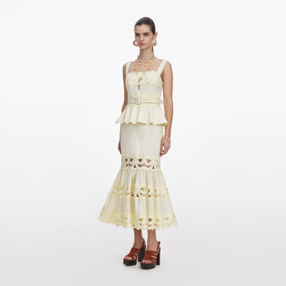 Sarı Keten Peplum Midi Elbise