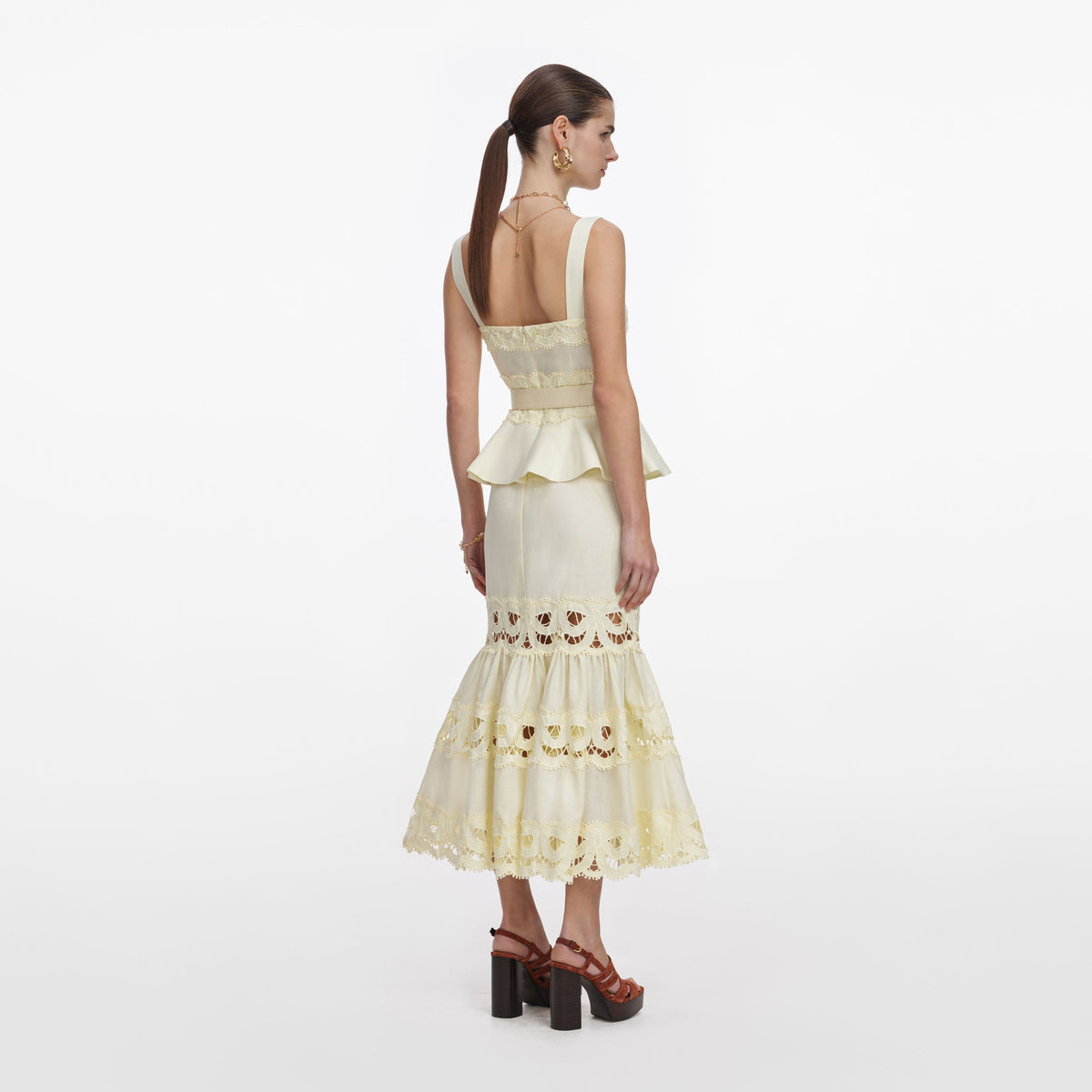 Sarı Keten Peplum Midi Elbise