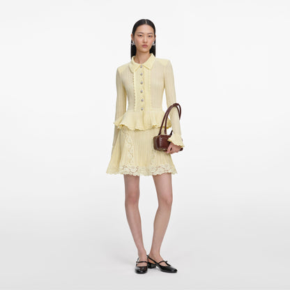 Sarı Ajurlu Peplum Detaylı Triko Mini Elbise