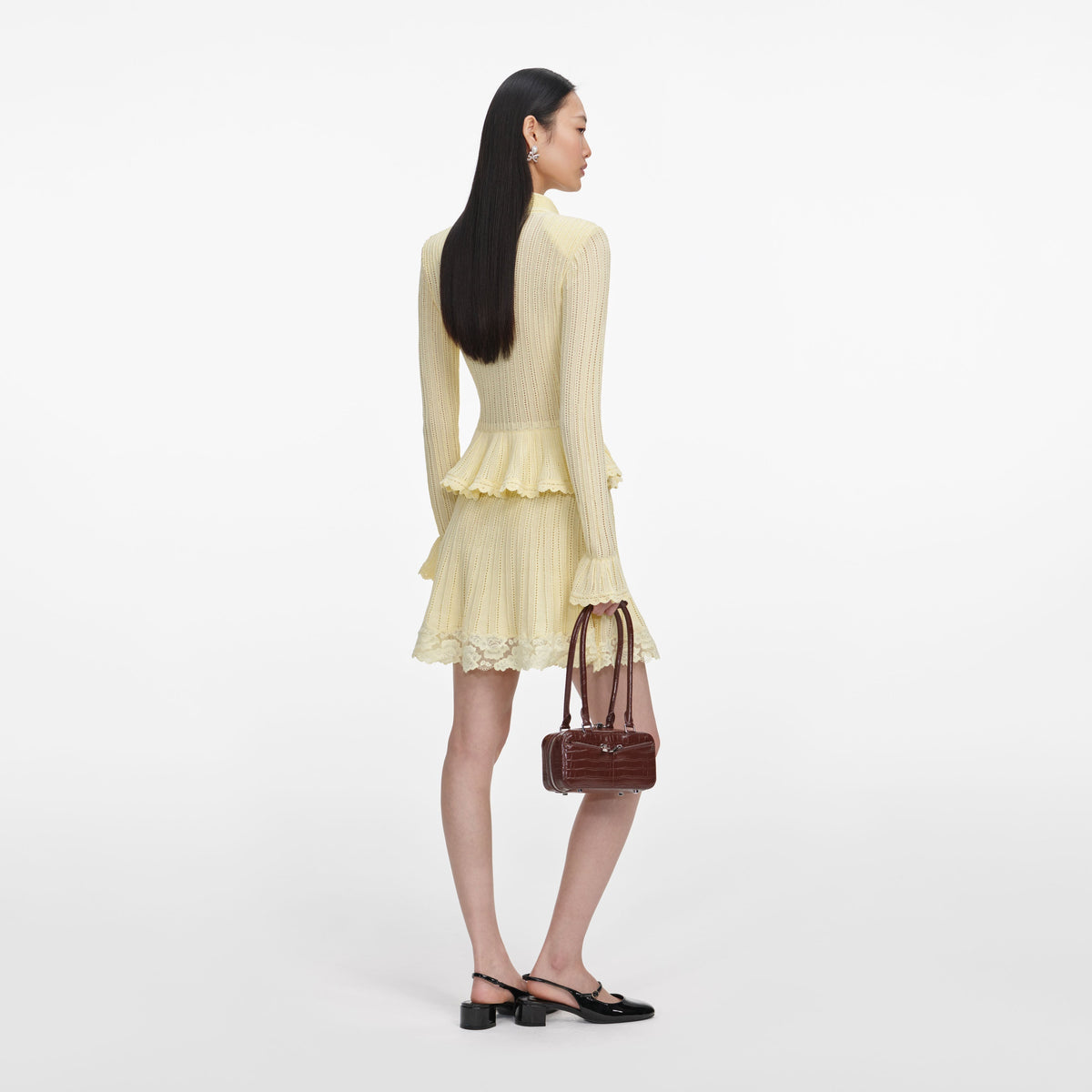 Sarı Ajurlu Peplum Detaylı Triko Mini Elbise