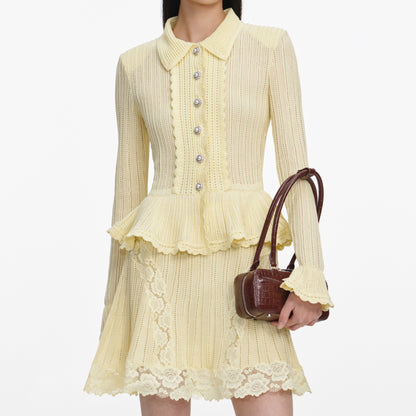 Sarı Ajurlu Peplum Detaylı Triko Mini Elbise