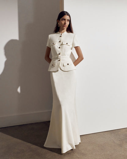 Krem Keten Karışımlı Peplum Maksi Elbise